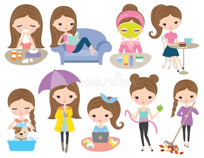 Grupo vivo do vetor da menina bonito do cabelo de Brown ilustração stock Grupo vivo do vetor da menina bonito do cabelo de Brown ilustração stock