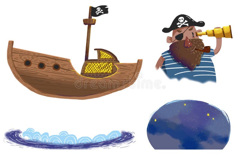 Grupos da ilustração: O navio de piratas, capitão do pirata, a onda, a noite estrelado ilustração royalty free Grupos da ilustração: O navio de piratas, capitão do pirata, a onda, a noite estrelado ilustração royalty free