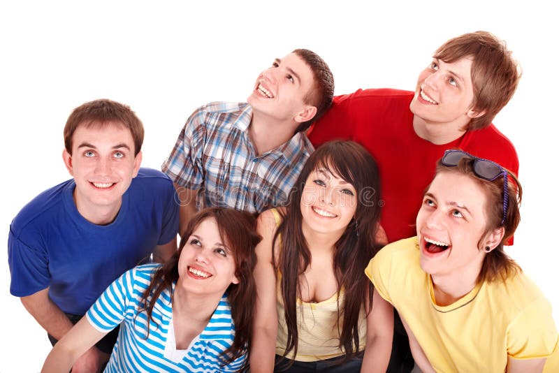 Group of happy young people looking up. Isolated. Group of happy young people looking up. Isolated.