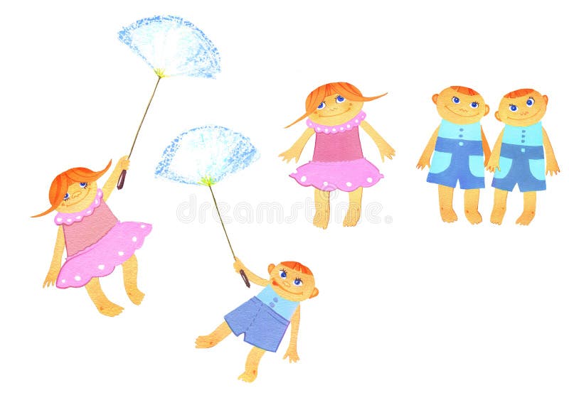Grupp av barn, två flickor och tre pojkar med en maskros stock illustrationer Grupp av barn, två flickor och tre pojkar med en maskros stock illustrationer