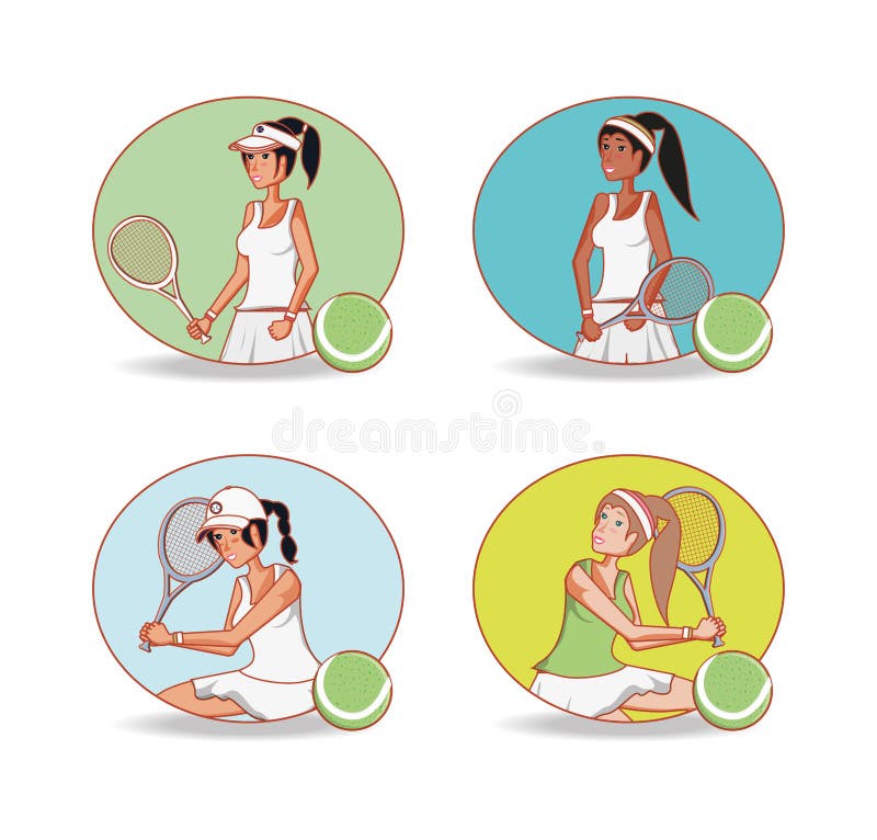 Grupp av kvinnaspelaretennis vektor illustrationer Grupp av kvinnaspelaretennis vektor illustrationer