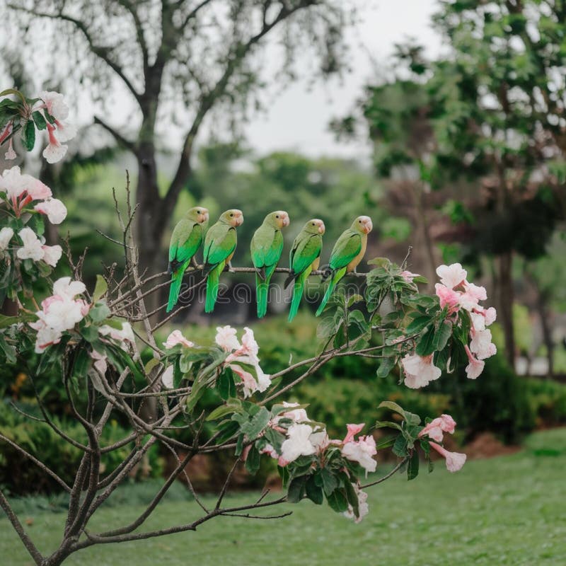 Grupp av papegojor på en blomstrande gren royaltyfri foto