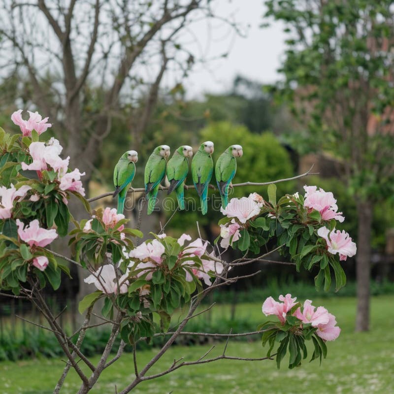 Grupp av papegojor på en blomstrande gren arkivfoto