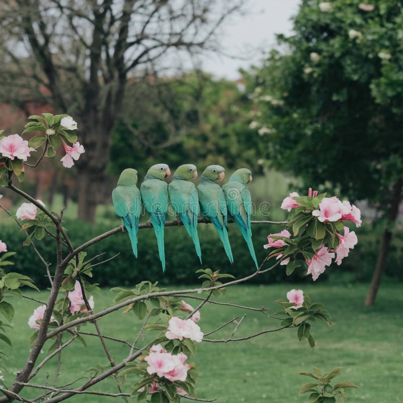 Grupp av papegojor på en blomstrande gren royaltyfria bilder