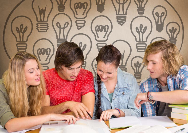 Digital composite of Group of students studying in front of light bulbs graphics. Digital composite of Group of students studying in front of light bulbs graphics