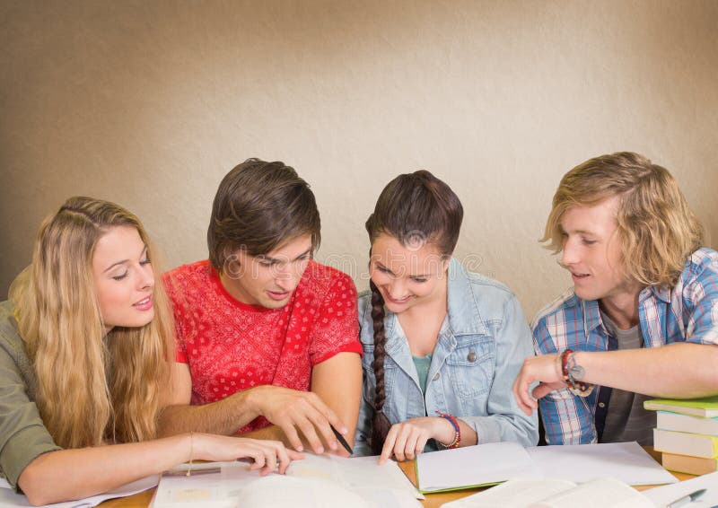 Digital composite of Group of students studying in front of blank brown background. Digital composite of Group of students studying in front of blank brown background