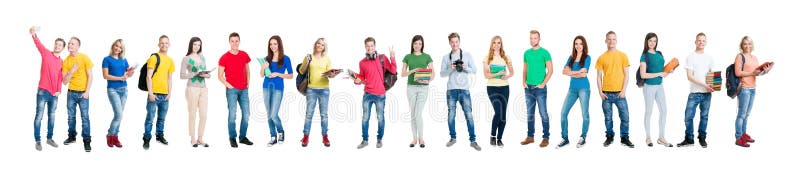Large group of teenage students isolated on white background. Many different people standing together. School, education, college, university concept. Large group of teenage students isolated on white background. Many different people standing together. School, education, college, university concept.