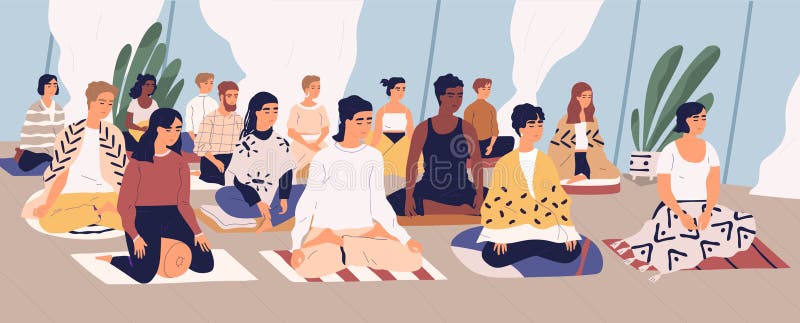 Grupp av unga män och kvinnor som sitter på golv, mediterar och utför andedräktkontrollövning yogaretr?tt