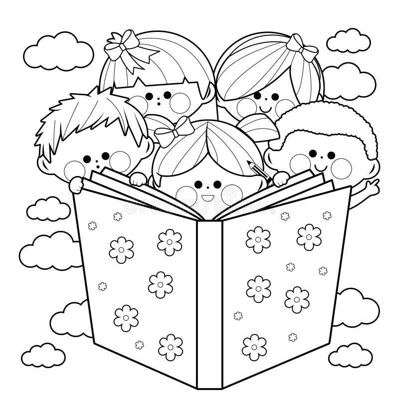 Grupp av ungar som läser en sida för bokfärgläggningbok stock illustrationer