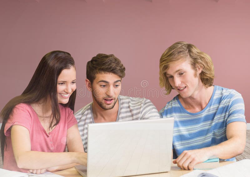 Digital composite of Group of friends with laptop sitting in front of blank rose background. Digital composite of Group of friends with laptop sitting in front of blank rose background