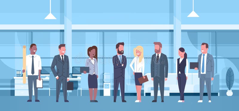 Grupp för begrepp för blandningloppTeam Of Business People In modern kontor av lyckade affärsmän och affärskvinnaarbetsplatsen stock illustrationer