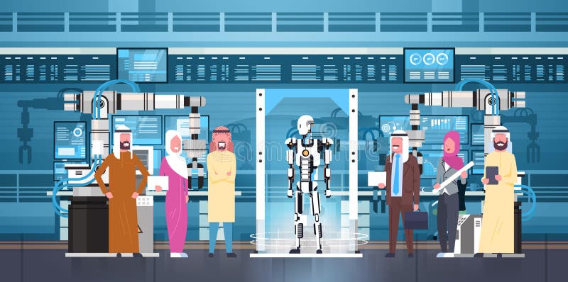 Grupp för folk för affär för robotproduktion arabisk på Robotic bransch för modern fabrik, begrepp för konstgjord intelligens royaltyfri illustrationer Grupp för folk för affär för robotproduktion arabisk på Robotic bransch för modern fabrik, begrepp för konstgjord intelligens royaltyfri illustrationer