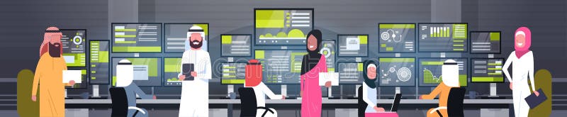 Grupp för folk för globalt online-handelbegrepp som arabisk arbetar med horisontalbanret för börsövervakningförsäljningar vektor illustrationer Grupp för folk för globalt online-handelbegrepp som arabisk arbetar med horisontalbanret för börsövervakningförsäljningar vektor illustrationer
