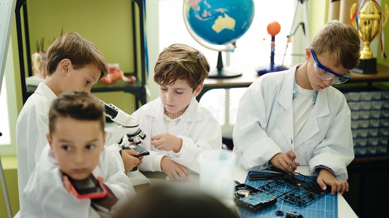 Grupp med barnstudenter som pratar om smartphone-reparationsgadget i laboratorieklassrum royaltyfri foto