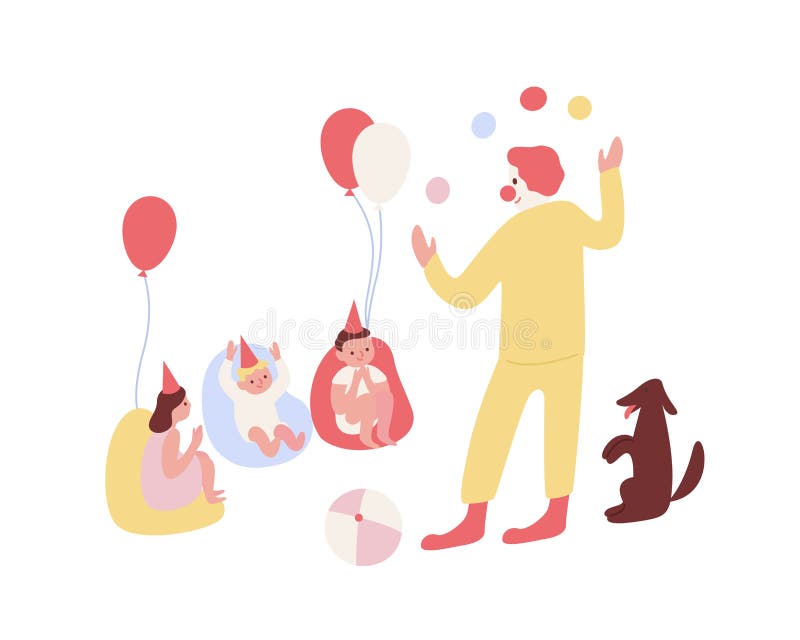 Grupp med entusiastiska barn som firar barnfödelsedag med en plan bild av vektorn med clown Glad kille som har kul på semester vektor illustrationer