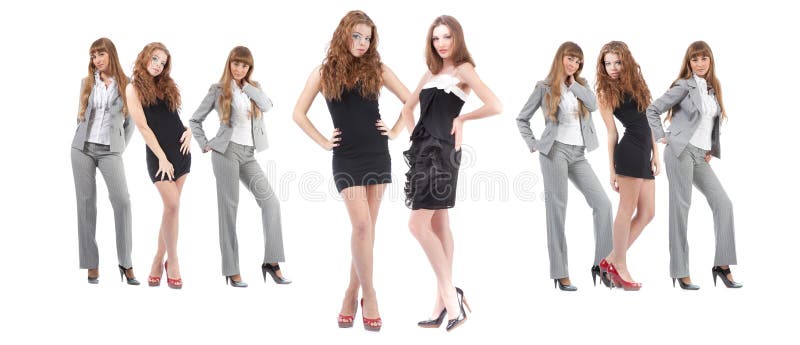 Group young women in black dress over white. Group young women in black dress over white