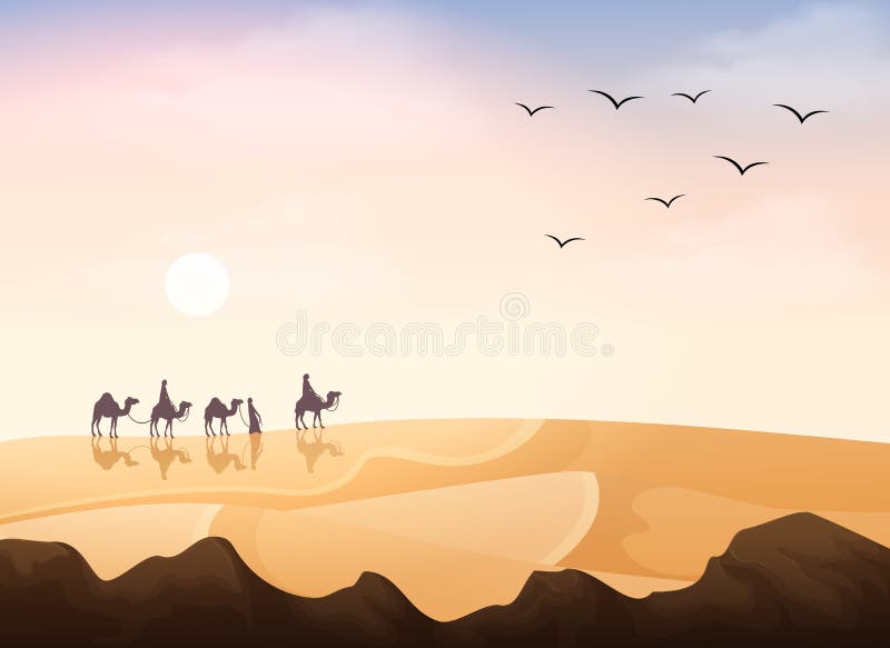 Gruppe arabische Leute, die mit Kamelwohnwagen in der Wüste reiten