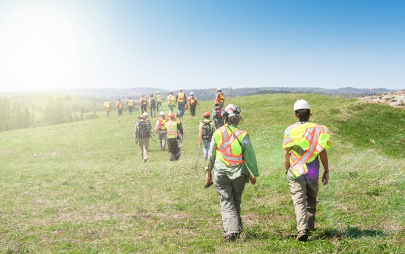 Group of workers and geologists in hardhats and high visible vests inspecting site. View from the back. Walking across grass field. Group of workers and geologists in hardhats and high visible vests inspecting site. View from the back. Walking across grass field.