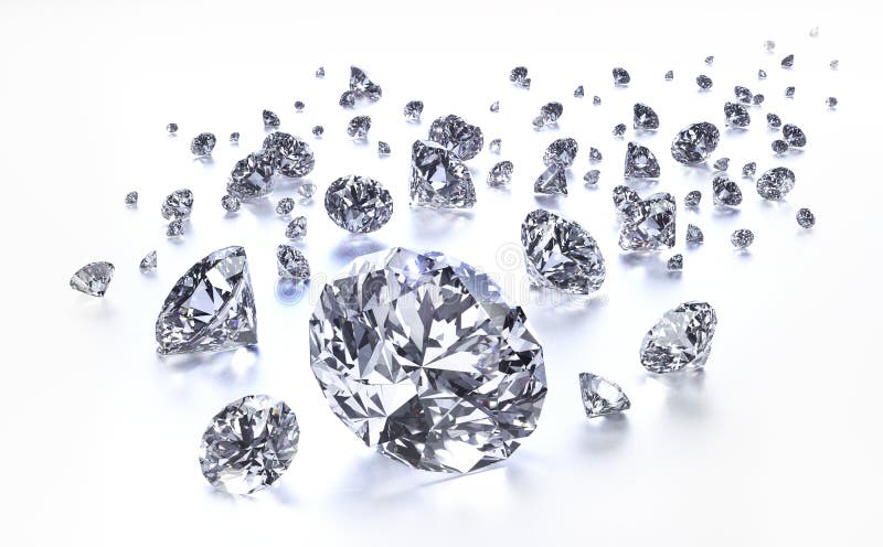 Group of classic and realistic diamonds  3d rendering on a glossy white background 3d illustration. Group of classic and realistic diamonds  3d rendering on a glossy white background 3d illustration