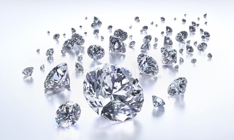 Group of classic and realistic diamonds 3d rendering on a glossy white background 3d illustration. Group of classic and realistic diamonds 3d rendering on a glossy white background 3d illustration