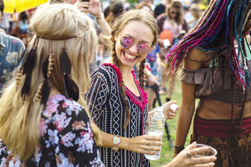 Group of Friends Drinking Beers Enjoying Music Festival together. Group of Friends Drinking Beers Enjoying Music Festival together