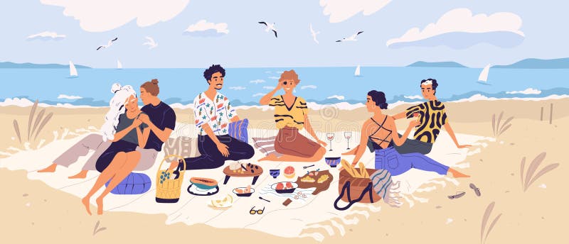 Group of happy friends at picnic on seashore. Young smiling men and women eating food on sandy beach. Cute funny people having lunch together on sea shore. Flat cartoon colorful vector illustration. Group of happy friends at picnic on seashore. Young smiling men and women eating food on sandy beach. Cute funny people having lunch together on sea shore. Flat cartoon colorful vector illustration