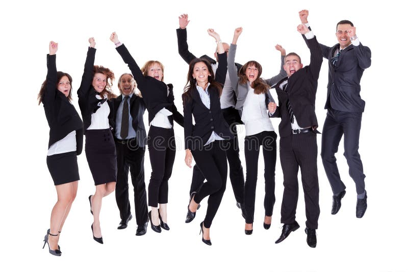 Group of jubilant business people jumping for joy and shouting in their excitement at their success isolated on white. Group of jubilant business people jumping for joy and shouting in their excitement at their success isolated on white