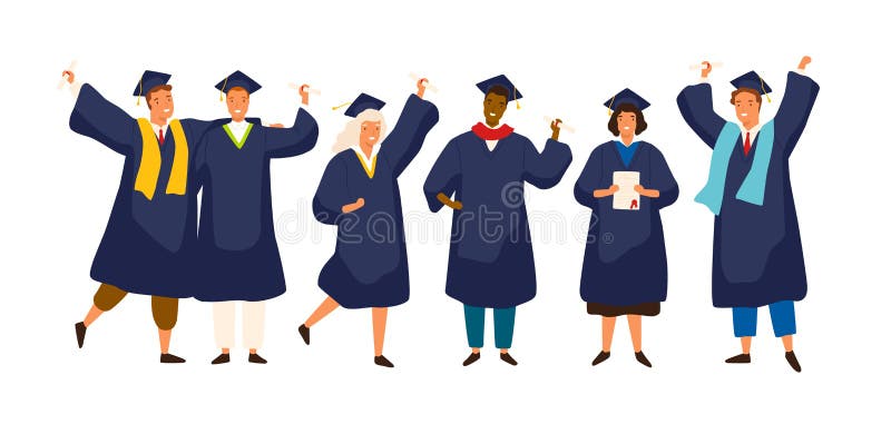 Gruppe glückliche Schulabgänger, die akademisches Kleid, Kleid oder Robe und Staffelungskappe tragen und Diplom halten Jungen und