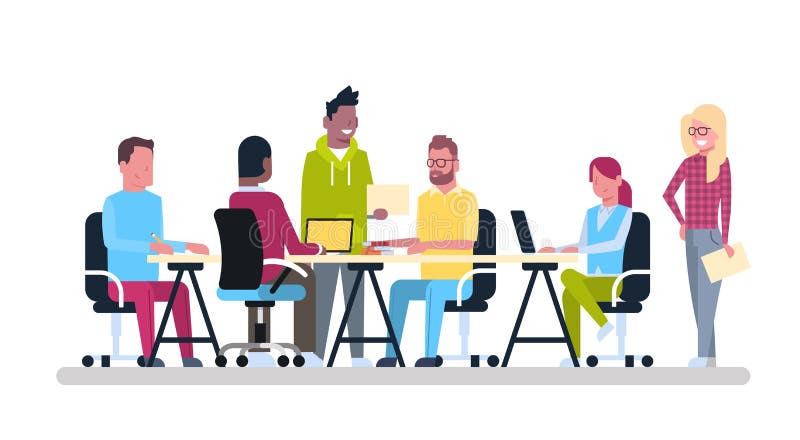 Group Of Young Business People Working Together Sit At Office Desk Coworking Mix Race Creative Workers Team Brainstorming Meeting Flat Vector Illustration. Group Of Young Business People Working Together Sit At Office Desk Coworking Mix Race Creative Workers Team Brainstorming Meeting Flat Vector Illustration
