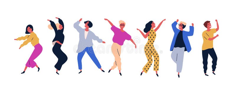 Group of young happy dancing people or male and female dancers isolated on white background. Smiling young men and women enjoying dance party. Colorful vector illustration in flat cartoon style. Group of young happy dancing people or male and female dancers isolated on white background. Smiling young men and women enjoying dance party. Colorful vector illustration in flat cartoon style