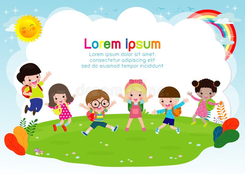 Gruppe Kinder, die, zurück zu Schule, Kinderschule, Ausbildungskonzept springen, Kinder gehen zu schulen, Schablone für Werbungsb vektor abbildung Gruppe Kinder, die, zurück zu Schule, Kinderschule, Ausbildungskonzept springen, Kinder gehen zu schulen, Schablone für Werbungsb vektor abbildung