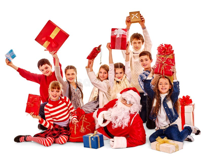Gruppe Kinder mit Weihnachtsmann stockbild Gruppe Kinder mit Weihnachtsmann stockbild