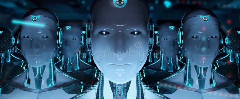 Gruppe männliche Roboter, die Wiedergabe der Führer Cyborgarmee 3d folgen lizenzfreie abbildung Gruppe männliche Roboter, die Wiedergabe der Führer Cyborgarmee 3d folgen lizenzfreie abbildung