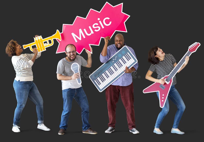 Group of diverse people enjoying music instruments. Group of diverse people enjoying music instruments