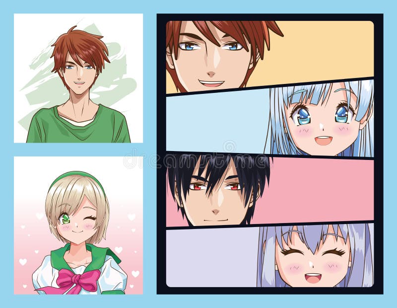 Group of faces young people anime style characters vector illustration design. Group of faces young people anime style characters vector illustration design