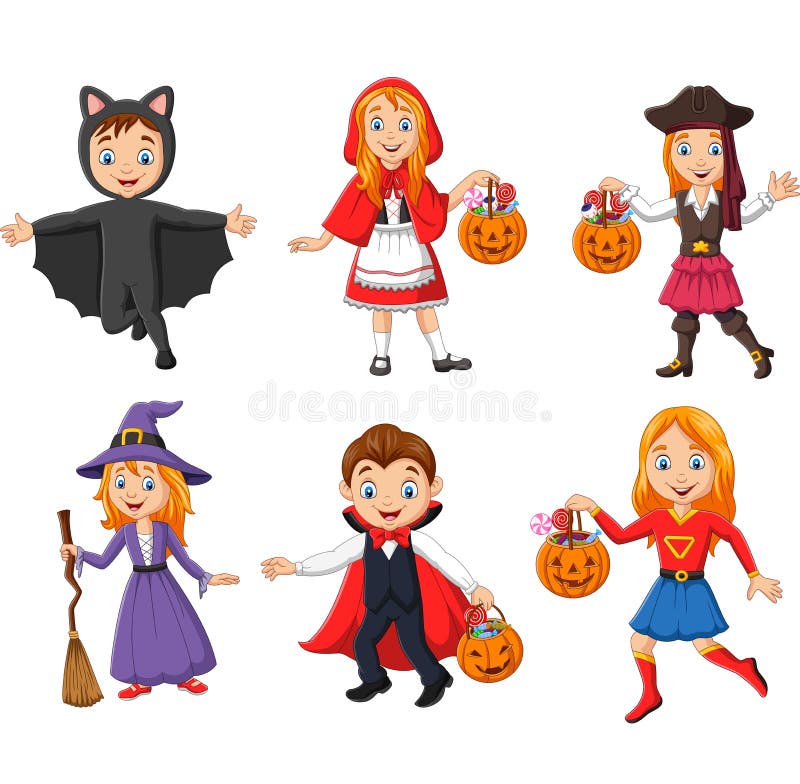 Illustration of Group of cartoon kids wearing different costumes. Illustration of Group of cartoon kids wearing different costumes