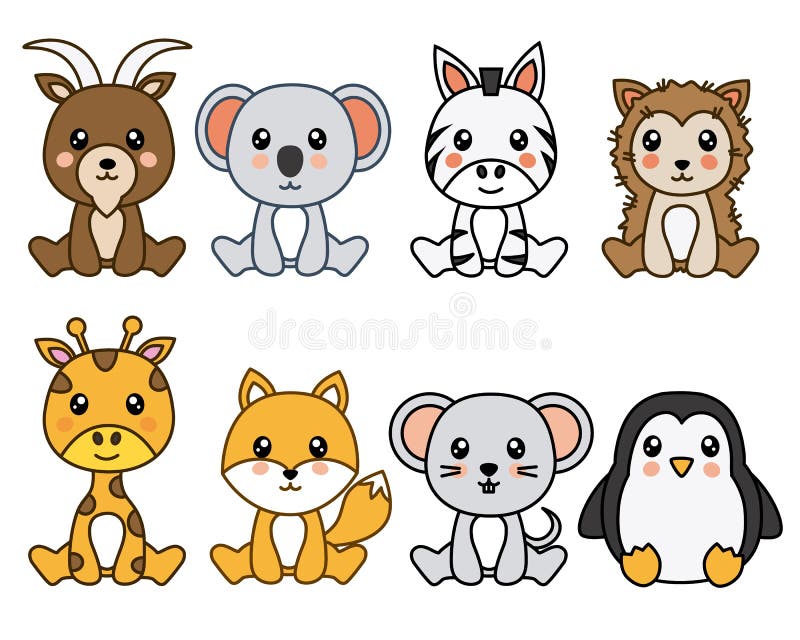 Gruppe von 8 kawaii Tieren stock abbildung