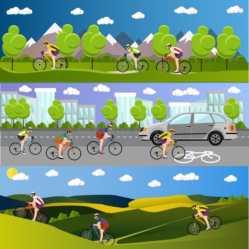 Gruppen av cykelryttare på cyklar i berg, stadsväg och parkerar Cykla sportbaner Stil för vektorillustrationlägenhet stock illustrationer Gruppen av cykelryttare på cyklar i berg, stadsväg och parkerar Cykla sportbaner Stil för vektorillustrationlägenhet stock illustrationer