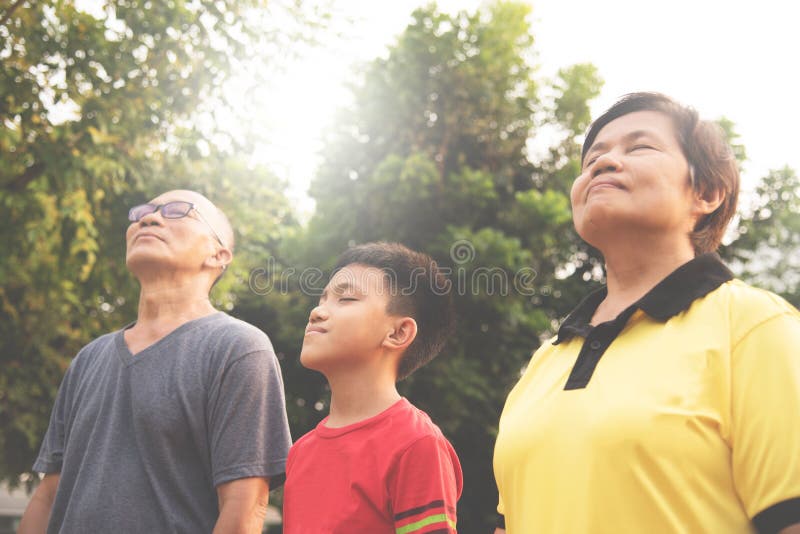 Gruppieren Sie die asiatische Familie, die Frischluft sich entspannt und atmet