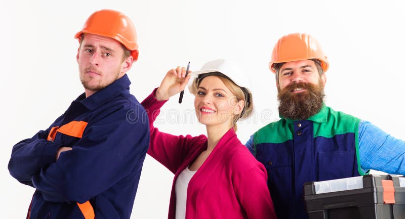 Gruppo allegro degli architetti pronti a lavorare, fondo bianco isolato immagine stock Gruppo allegro degli architetti pronti a lavorare, fondo bianco isolato immagine stock