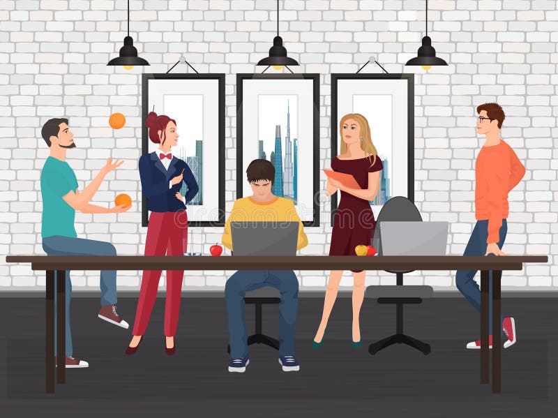 Gruppo creativo nel centro coworking Vari giovani che lavorano insieme e che parlano alla tavola nell'ufficio royalty illustrazione gratis Gruppo creativo nel centro coworking Vari giovani che lavorano insieme e che parlano alla tavola nell'ufficio royalty illustrazione gratis