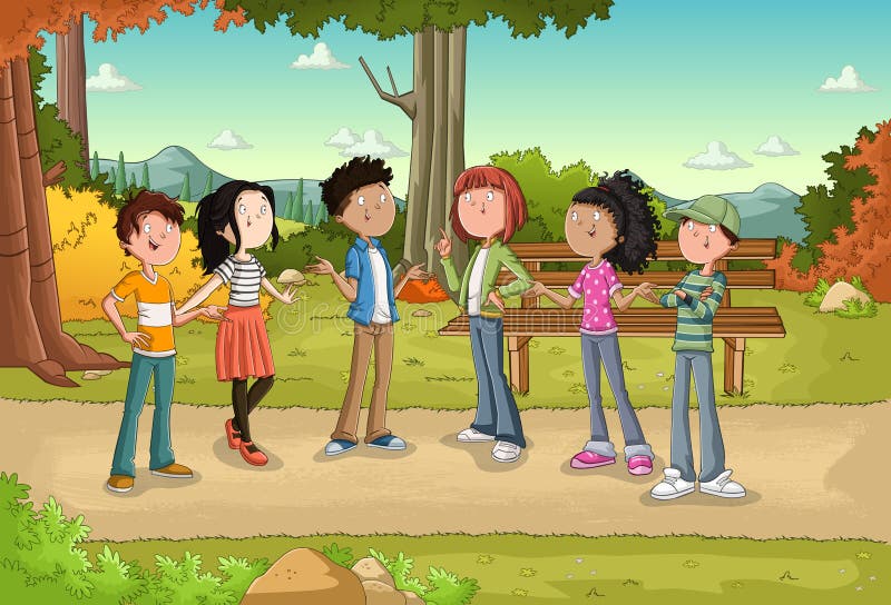 Gruppo di adolescenti di fumetti in un parco con erba e alberi. illustrazione di stock