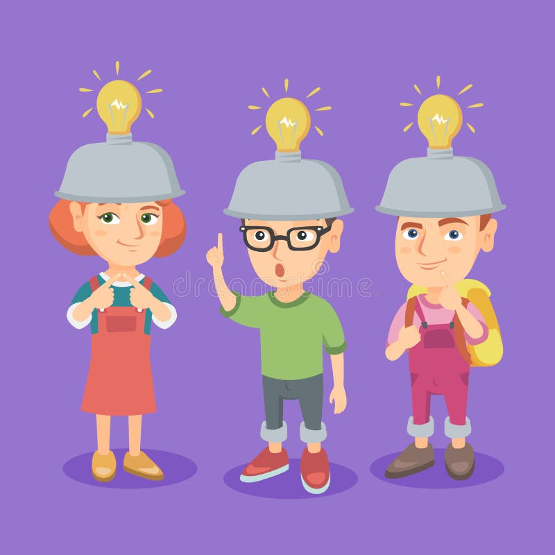 Gruppo di bambini caucasici con le lampadine di idea illustrazione di stock Gruppo di bambini caucasici con le lampadine di idea illustrazione di stock