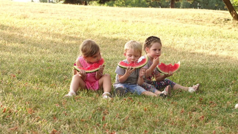 Gruppo di bambini che mangiano anguria all'aperto 4K