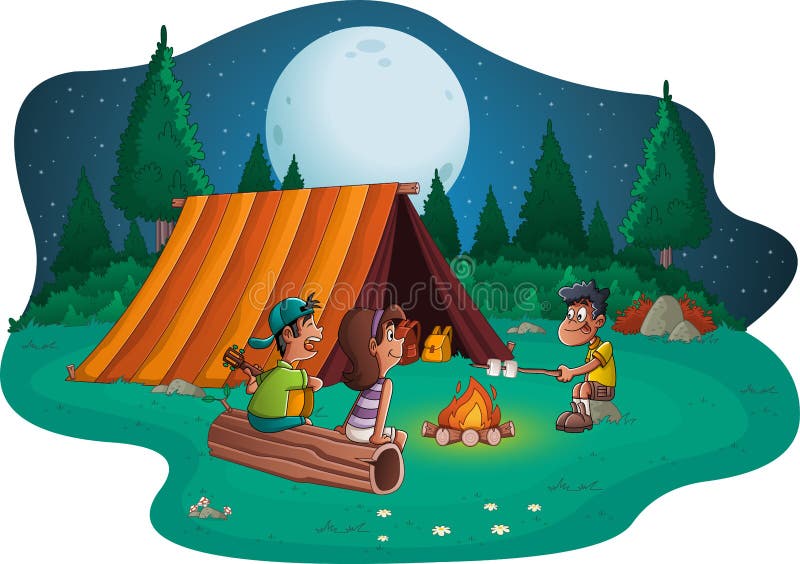 Gruppo di bambini del fumetto intorno ad un fuoco di accampamento Accampandosi con i bambini e la tenda illustrazione di stock Gruppo di bambini del fumetto intorno ad un fuoco di accampamento Accampandosi con i bambini e la tenda illustrazione di stock