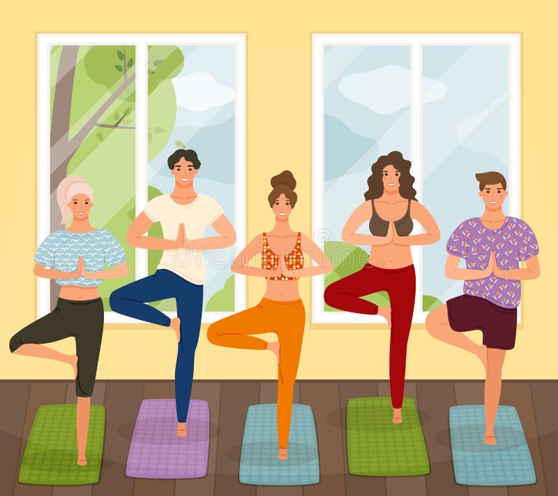 Gruppo di condizione di pratica di lezione di yoga dei giovani nell'esercizio di Vrksasana, posa dell'albero illustrazione vettoriale Gruppo di condizione di pratica di lezione di yoga dei giovani nell'esercizio di Vrksasana, posa dell'albero illustrazione vettoriale