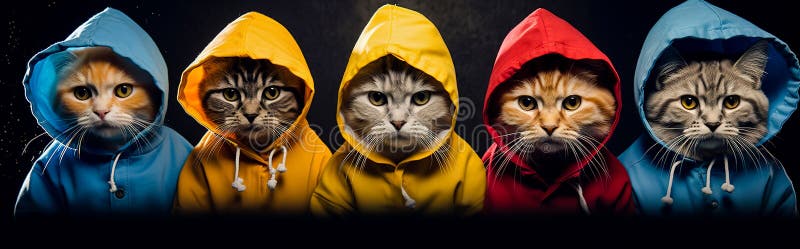 Group of cats wearing of colored coats and hoods. Group of cats wearing of colored coats and hoods.