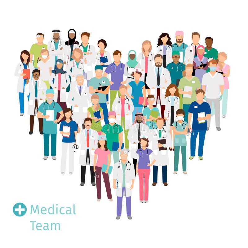 Healthcare medical team in shape of heart. Hospital staff health professionals group in uniform for your concepts. Vector illustration. Healthcare medical team in shape of heart. Hospital staff health professionals group in uniform for your concepts. Vector illustration