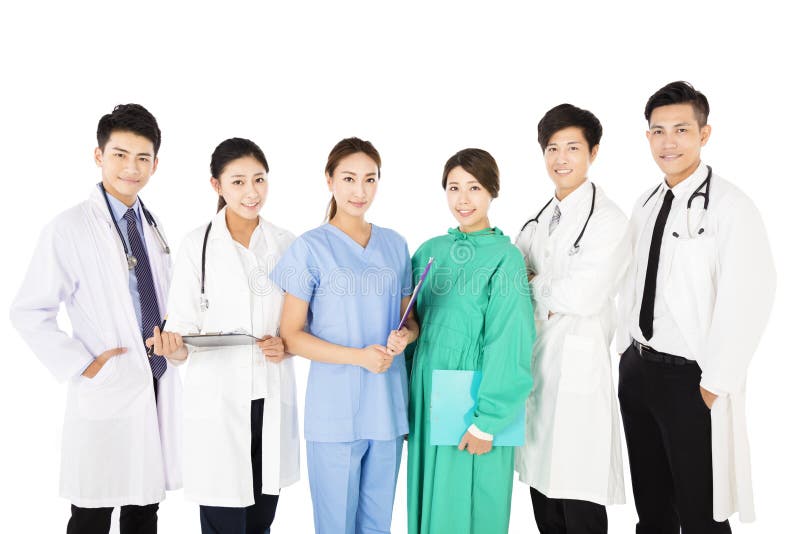 Gruppo di medici sorridente isolato su fondo bianco immagine stock Gruppo di medici sorridente isolato su fondo bianco immagine stock