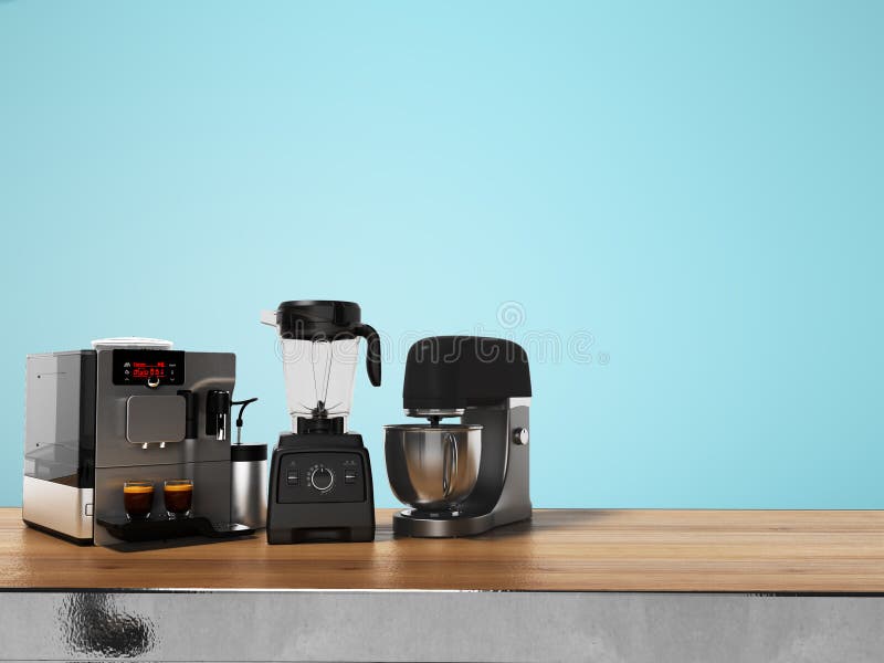 Gruppo di miscelatore professionale automatico del tostapane della macchina del caffè degli elettrodomestici da cucina sulla tavo royalty illustrazione gratis Gruppo di miscelatore professionale automatico del tostapane della macchina del caffè degli elettrodomestici da cucina sulla tavo royalty illustrazione gratis